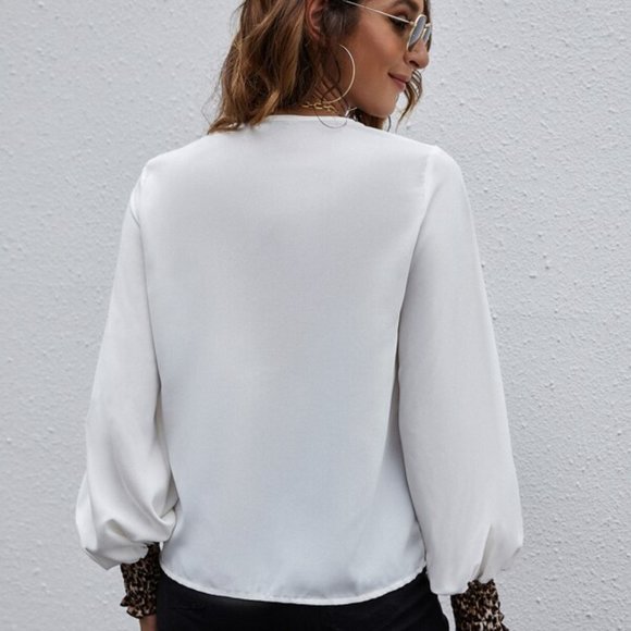 Bohemian White Leopard Print lantern Sleeve Blouse - Picture 6 of 6